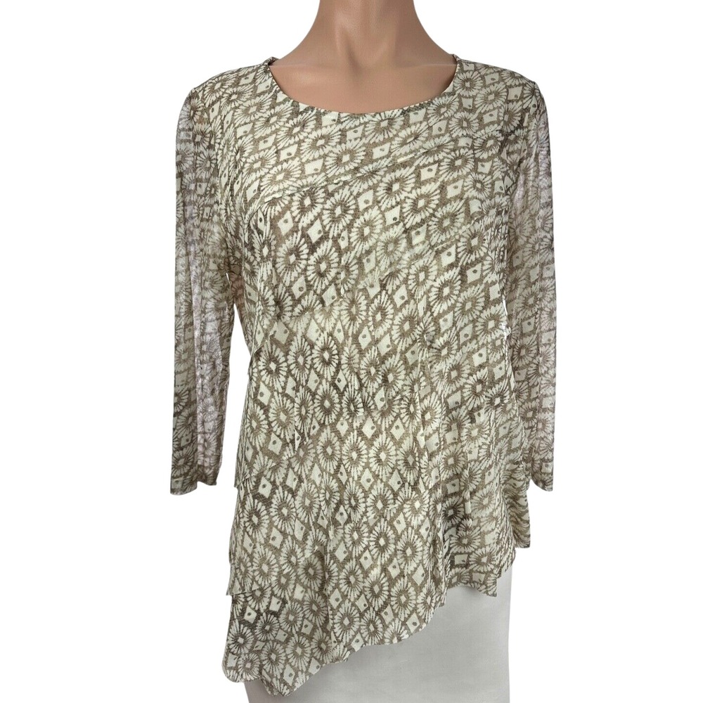 Chico's Size 1 or M Pullover Blouse Top Brown & White Ruffled Nylon 3/4 Sleeve